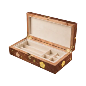 Sakura jewelry box, cherry blossom marquetry, Nut finish - medium, pen and cufflinks tray