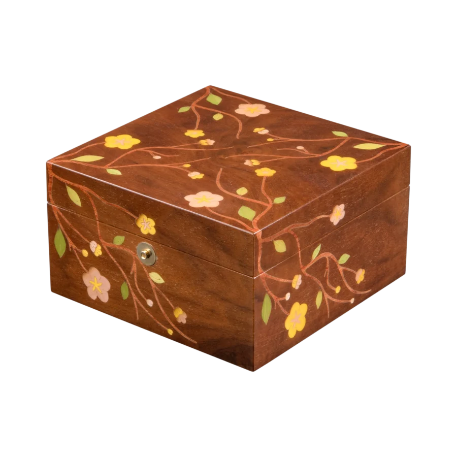 Sakura jewelry box, cherry blossom marquetry, Nut finish, handcrafted in Sorrento - small, closed