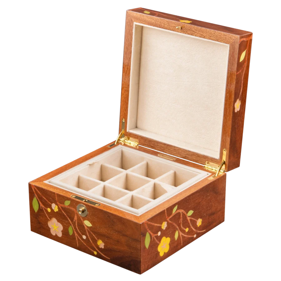 Sakura jewelry box, cherry blossom marquetry, Nut finish - small, cufflinks tray