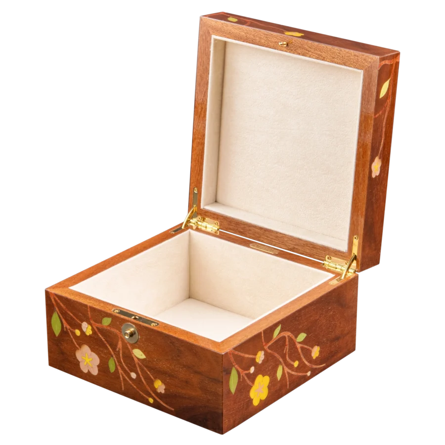 Sakura jewelry box, cherry blossom marquetry, Nut finish - small, jewelry storage
