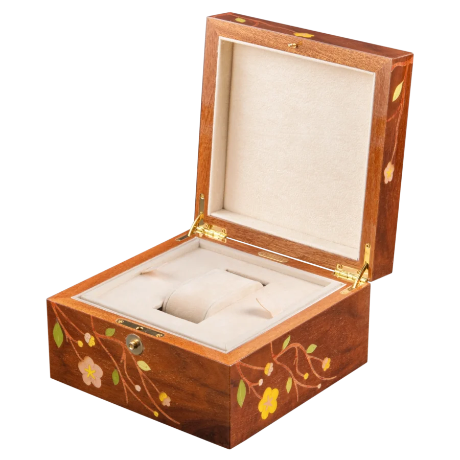 Sakura jewelry box, cherry blossom marquetry, Nut finish - small, watch tray