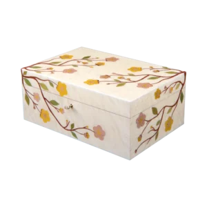 Sakura jewelry box, cherry blossom marquetry, White finish, handcrafted in Sorrento - large, closed