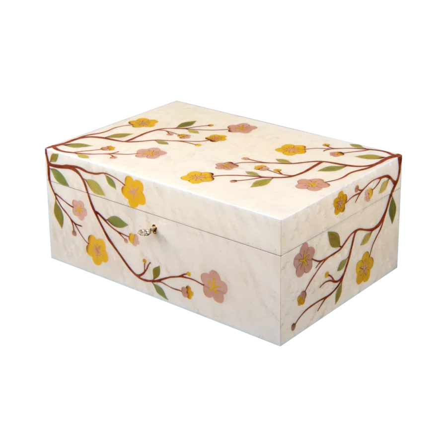 Sakura jewelry box, cherry blossom marquetry, White finish, handcrafted in Sorrento - large, closed
