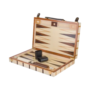 Sofia backgammon set open, full size with basic playing pieces, marquetry board inlaid by hand in Sorrento