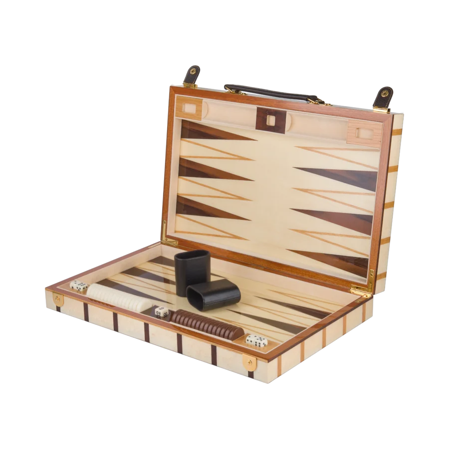Sofia backgammon set open, full size with basic playing pieces, marquetry board inlaid by hand in Sorrento