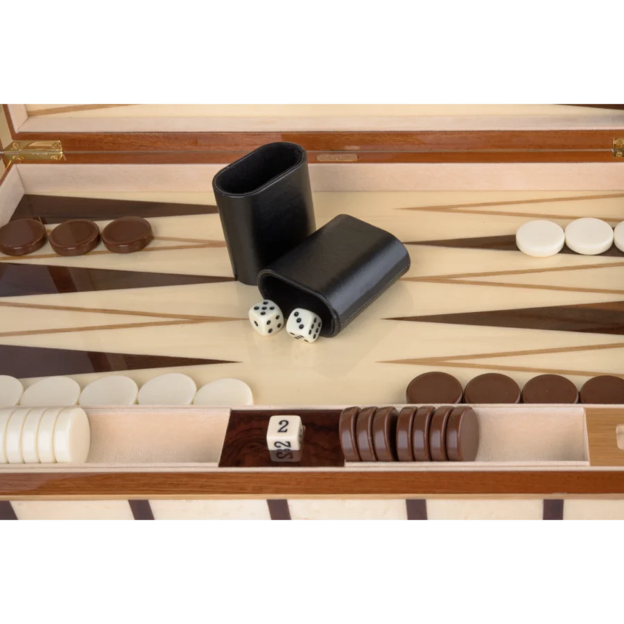 Sofia full-size backgammon set, open board with basic playing pieces in place