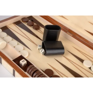 Sofia full-size backgammon board seen from above, basic pieces on the inlaid points