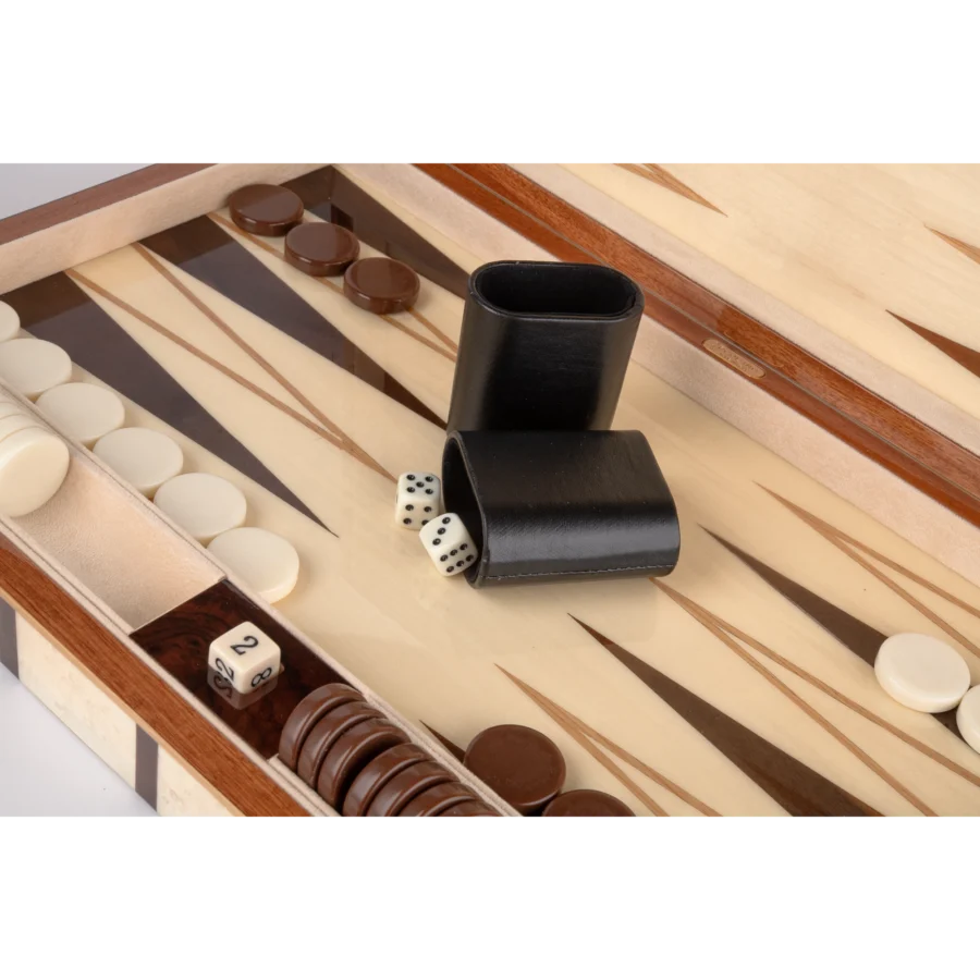 Sofia full-size backgammon board seen from above, basic pieces on the inlaid points