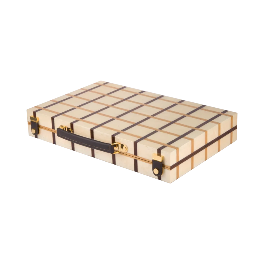 Sofia backgammon set closed, full size, marquetry lid inlaid by hand in Sorrento
