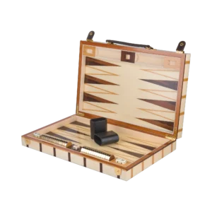 Sofia backgammon set open, full size with lacquered wood playing pieces on the inlaid board