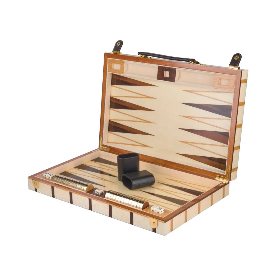 Sofia backgammon set open, full size with lacquered wood playing pieces on the inlaid board
