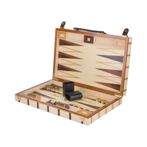 Sofia full-size backgammon set with lacquered wood pieces, open board in warm natural woods