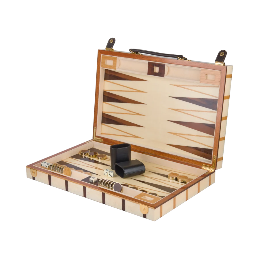 Sofia full-size backgammon set with lacquered wood pieces, open board in warm natural woods