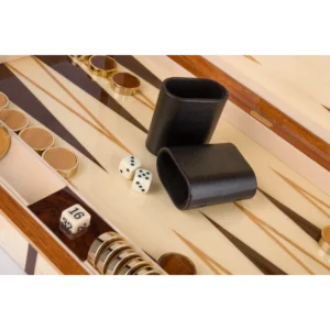 Sofia backgammon board with lacquered wood checkers, marquetry playing surface from above