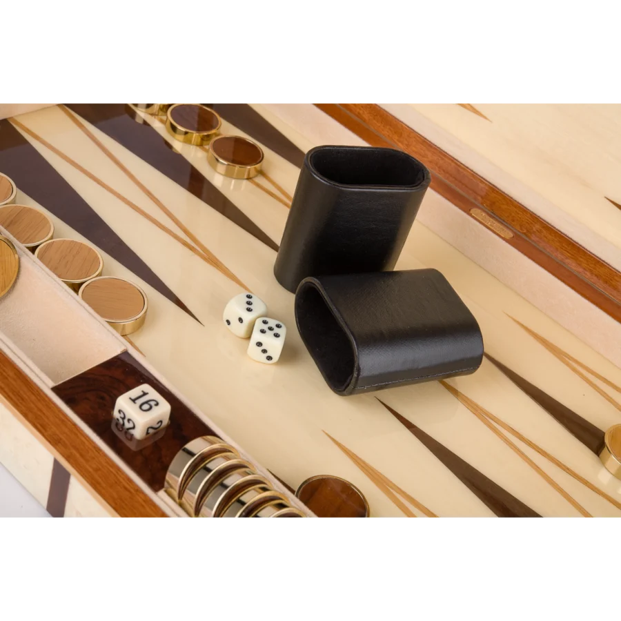 Sofia backgammon board with lacquered wood checkers, marquetry playing surface from above
