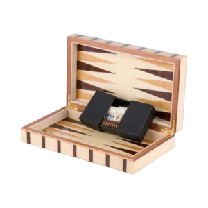 Sofia travel backgammon set open, basic playing pieces, marquetry inlaid by hand in Sorrento