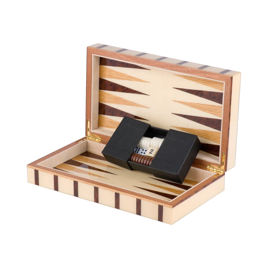 Sofia travel backgammon set open, basic playing pieces, marquetry inlaid by hand in Sorrento