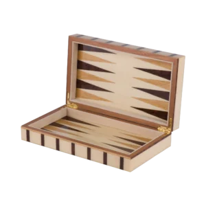 Sofia travel backgammon set, compact open board with basic playing pieces in place