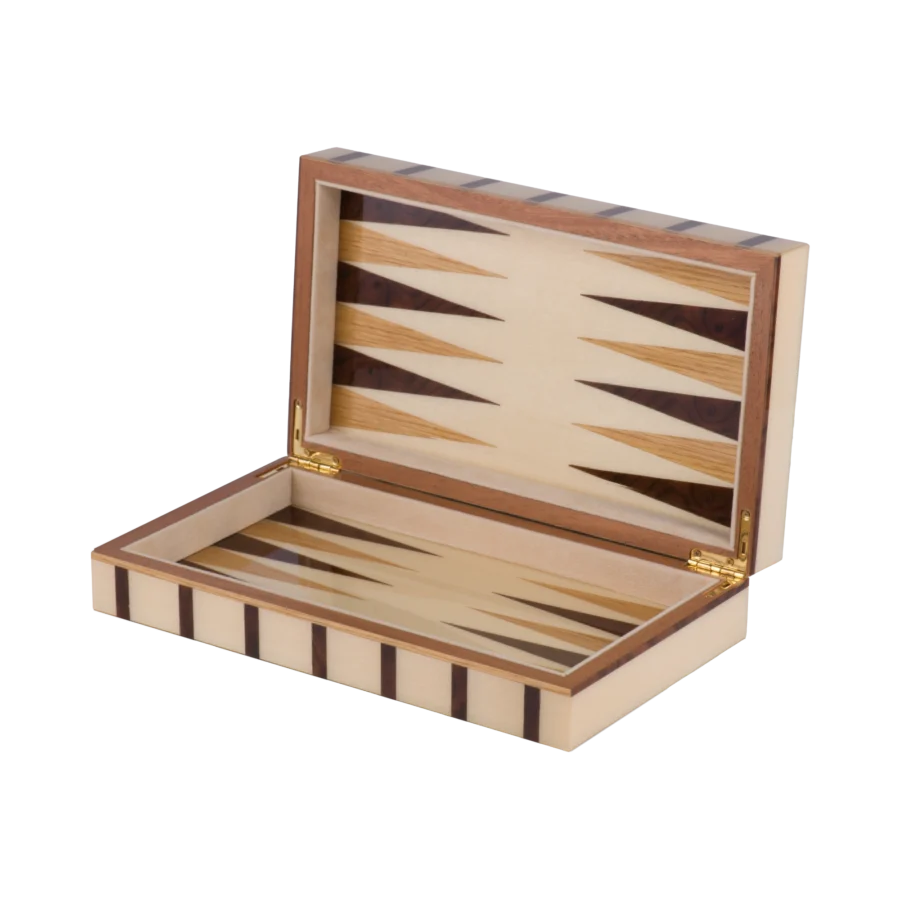 Sofia travel backgammon set, compact open board with basic playing pieces in place