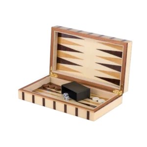 Sofia travel backgammon board from above, inlaid points in warm natural woods