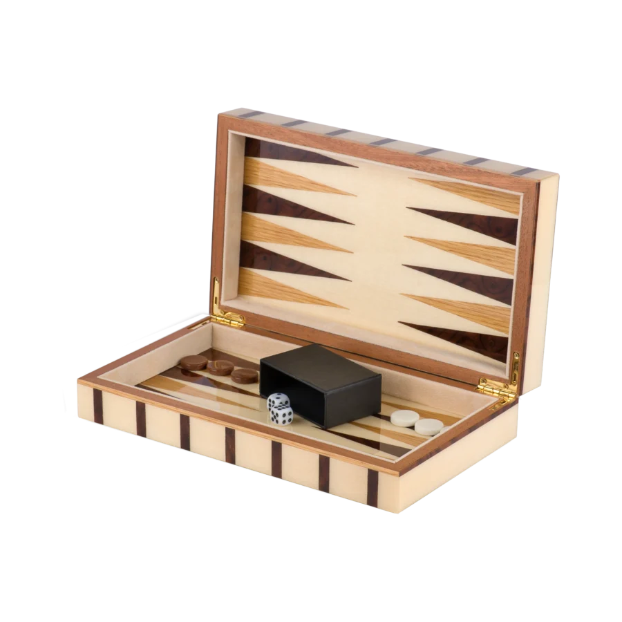 Sofia travel backgammon board from above, inlaid points in warm natural woods