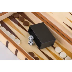 Sofia travel backgammon set with basic pieces and dice on the marquetry board
