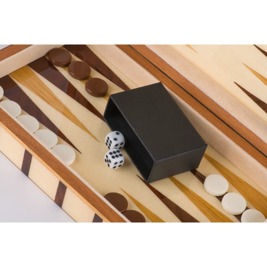 Sofia travel backgammon set with basic pieces and dice on the marquetry board