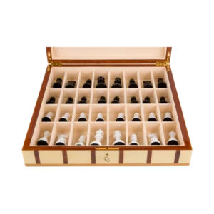 Detail of the Sofia chess box, hand-cut wood inlay in warm natural tones