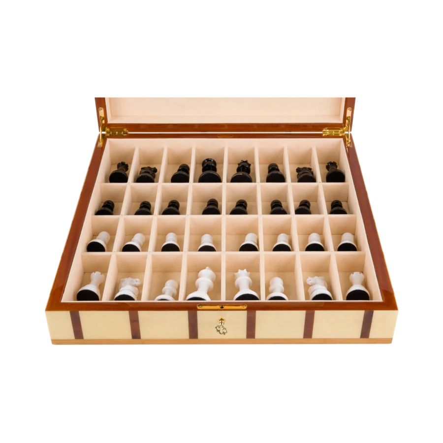 Detail of the Sofia chess box, hand-cut wood inlay in warm natural tones
