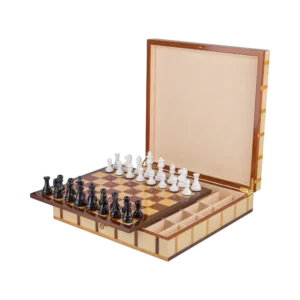 Sofia chess box open, inlaid chessboard and lined storage compartment