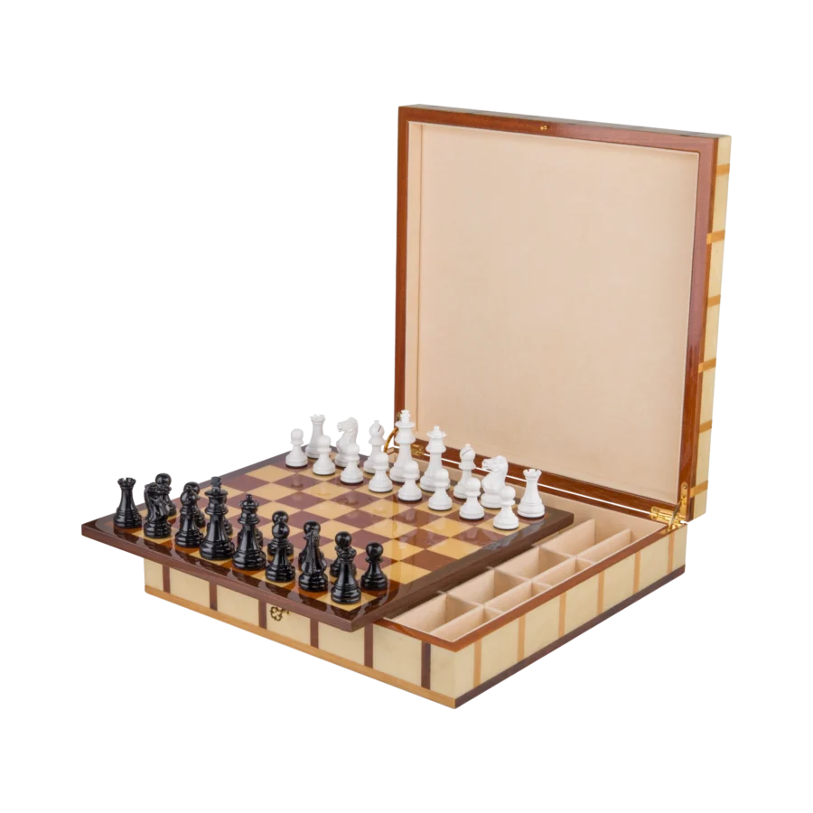 Sofia chess box open, inlaid chessboard and lined storage compartment