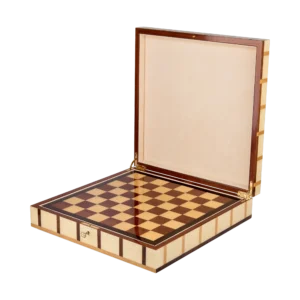 Sofia chess box open from above, marquetry chessboard in contrasting woods