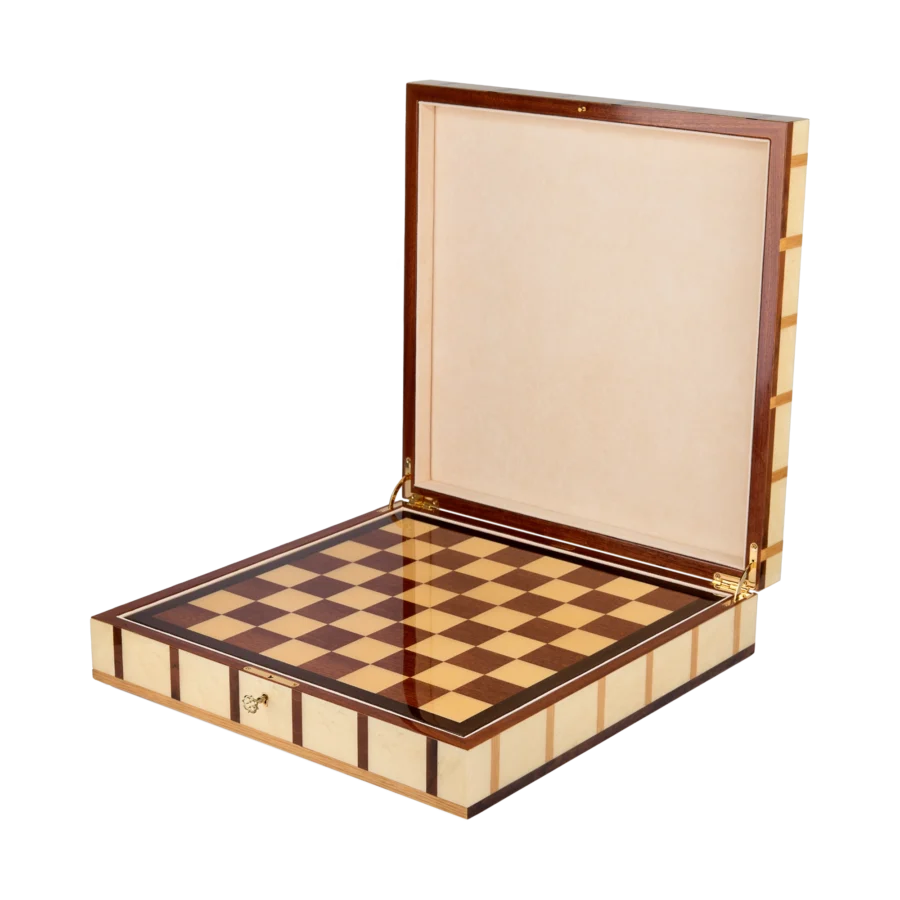 Sofia chess box open from above, marquetry chessboard in contrasting woods