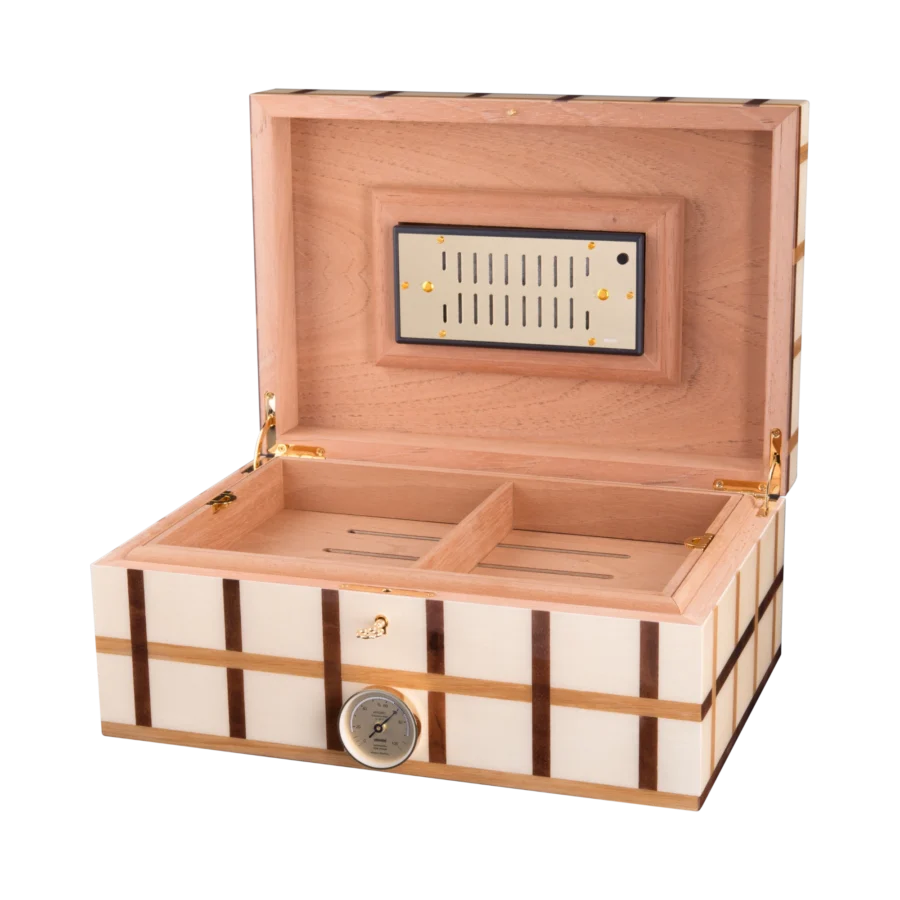 Sofia cigar humidor open from above, marquetry lid and lined interior