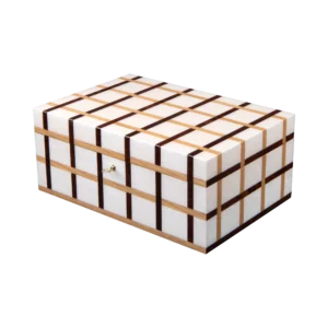 Sofia jewelry box, warm natural marquetry with gold fittings, handcrafted in Sorrento - large, closed