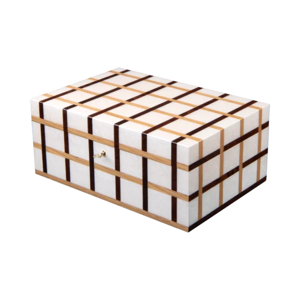 Sofia jewelry box, warm natural marquetry with gold fittings, handcrafted in Sorrento - large, closed