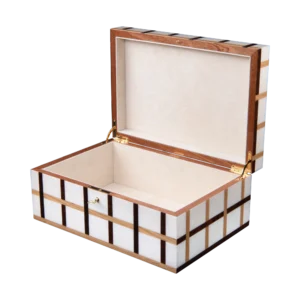 Sofia jewelry box, warm natural marquetry with gold fittings - large, jewelry storage