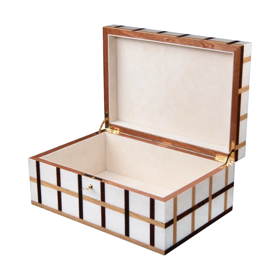 Sofia jewelry box, warm natural marquetry with gold fittings - large, jewelry storage