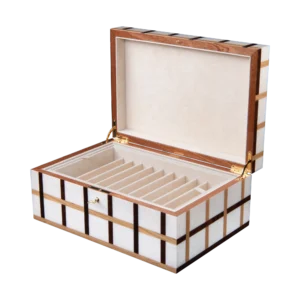 Sofia jewelry box, warm natural marquetry with gold fittings - large, pen tray