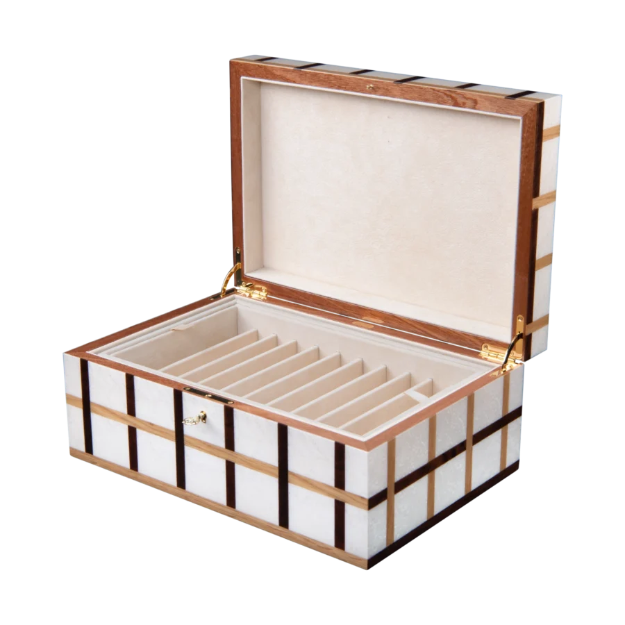 Sofia jewelry box, warm natural marquetry with gold fittings - large, pen tray