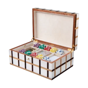 Sofia jewelry box, warm natural marquetry with gold fittings - large, poker tray