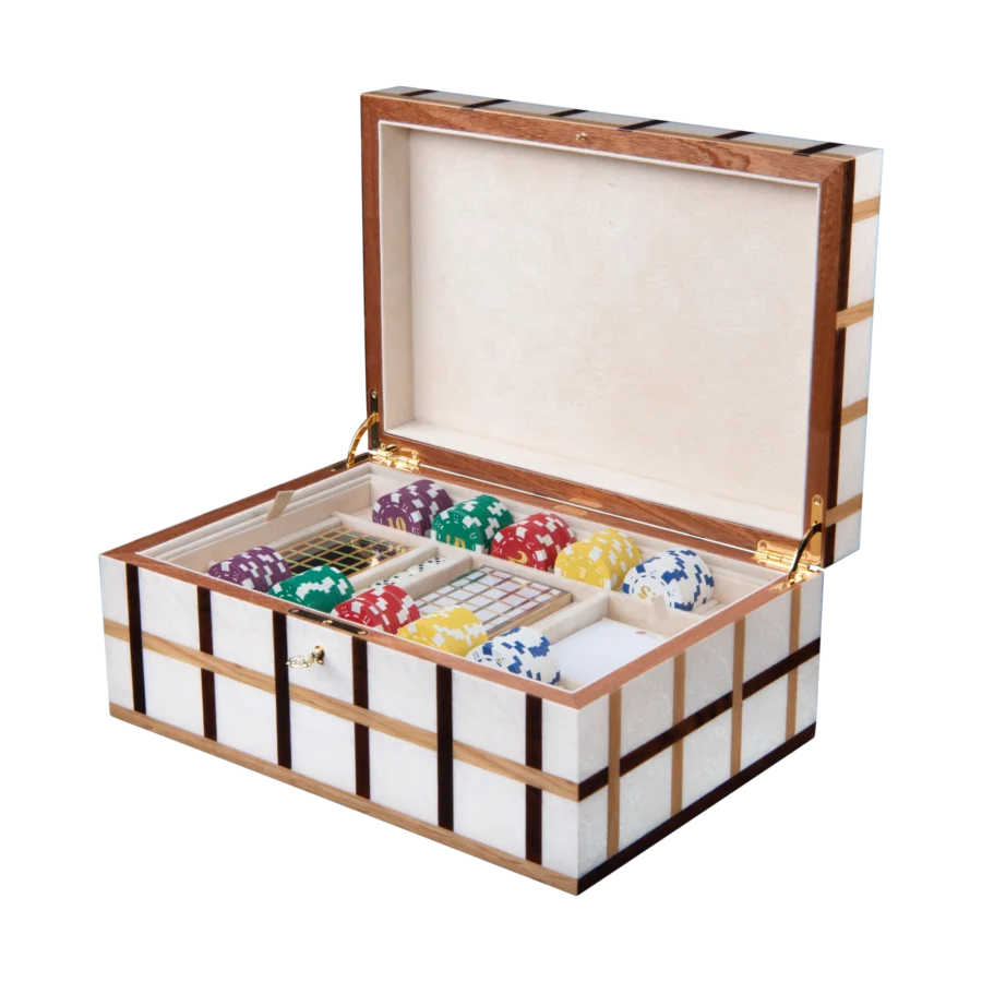 Sofia jewelry box, warm natural marquetry with gold fittings - large, poker tray