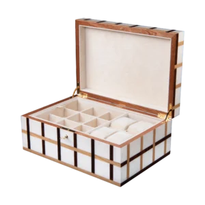 Sofia jewelry box, warm natural marquetry with gold fittings - large, watch and cufflinks tray