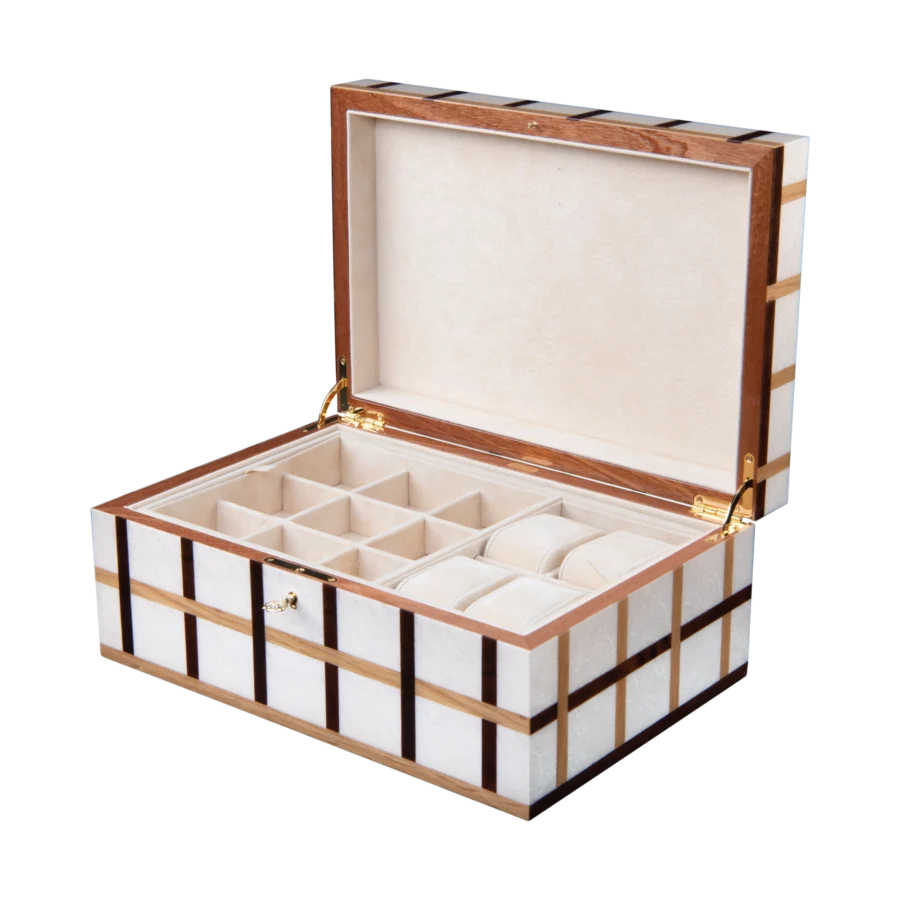 Sofia jewelry box, warm natural marquetry with gold fittings - large, watch and cufflinks tray