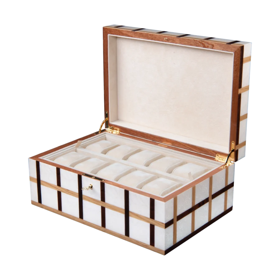 Sofia jewelry box, warm natural marquetry with gold fittings - large, watch tray