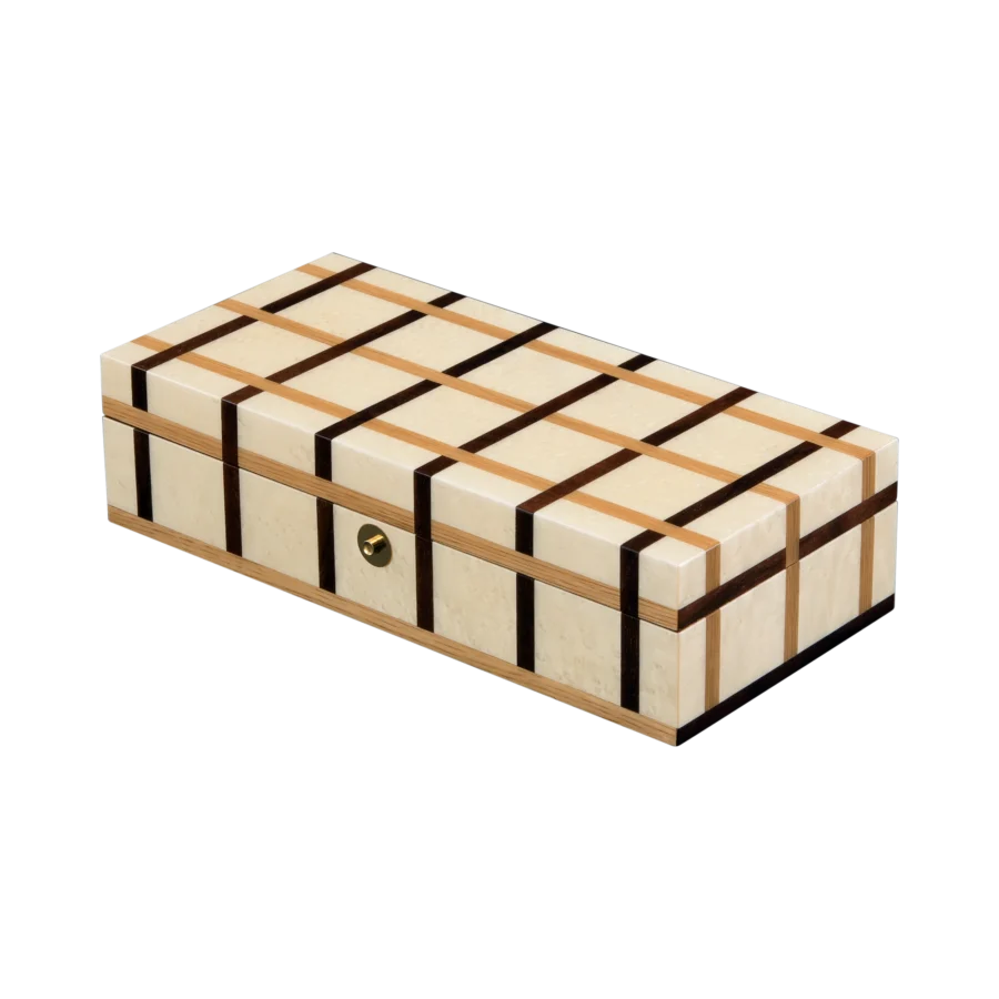 Sofia jewelry box, warm natural marquetry with gold fittings, handcrafted in Sorrento - medium, closed