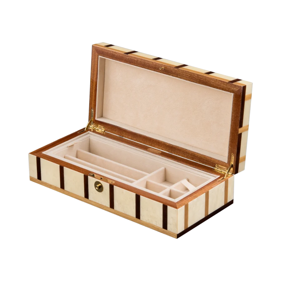 Sofia jewelry box, warm natural marquetry with gold fittings - medium, pen and cufflinks tray