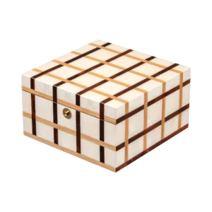 Sofia jewelry box, warm natural marquetry with gold fittings, handcrafted in Sorrento - small, closed