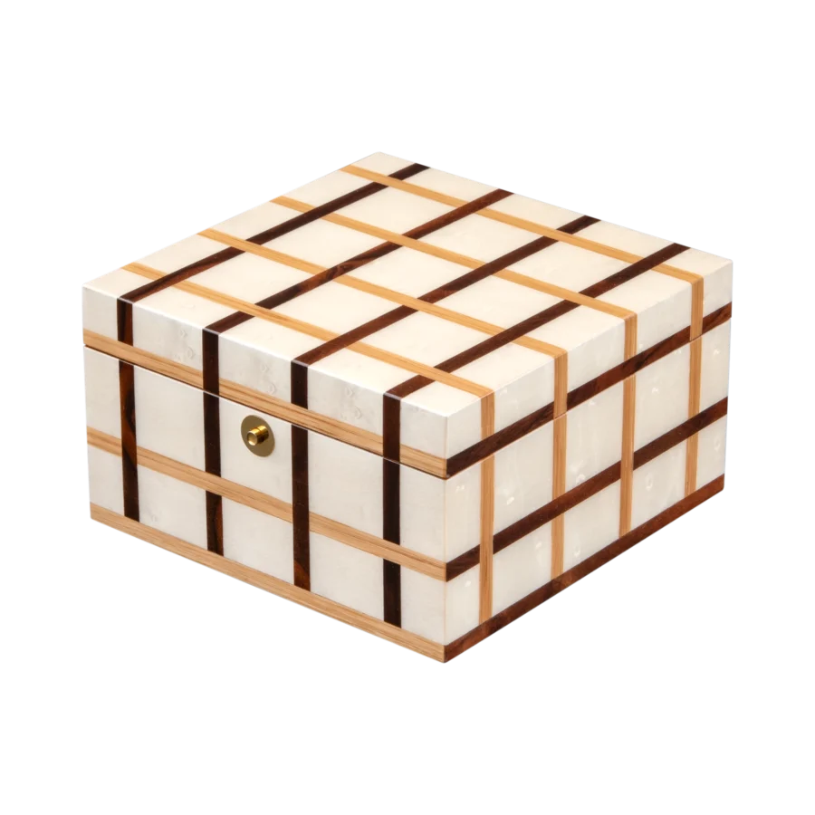 Sofia jewelry box, warm natural marquetry with gold fittings, handcrafted in Sorrento - small, closed