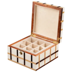 Sofia jewelry box, warm natural marquetry with gold fittings - small, cufflinks tray